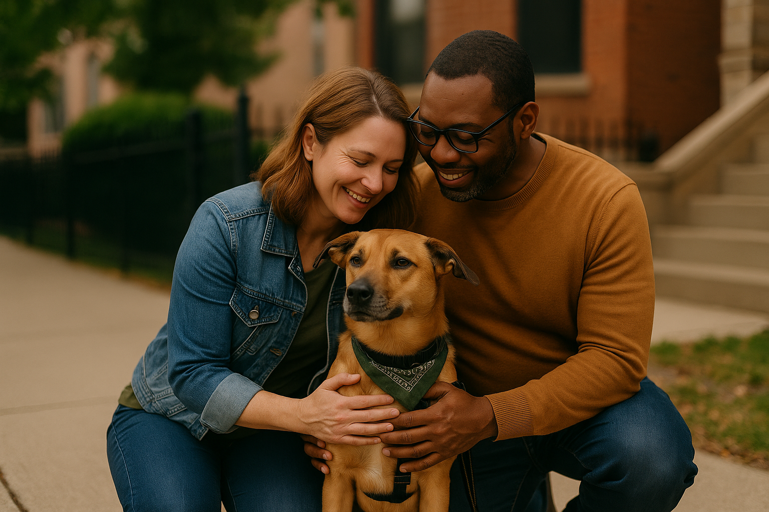 Dog Owners Emotional Journey - A male dog owner kneeling beside his calm mixed-breed dog in a Chicago park, gently holding the dog’s harness with a proud and relieved expression after training