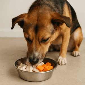 Dog enjoying special Thanksgiving meal with plain turkey and sweet potato in bowl