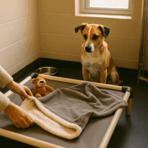 Family setting up quiet safe space for dog before Thanksgiving guests arrive