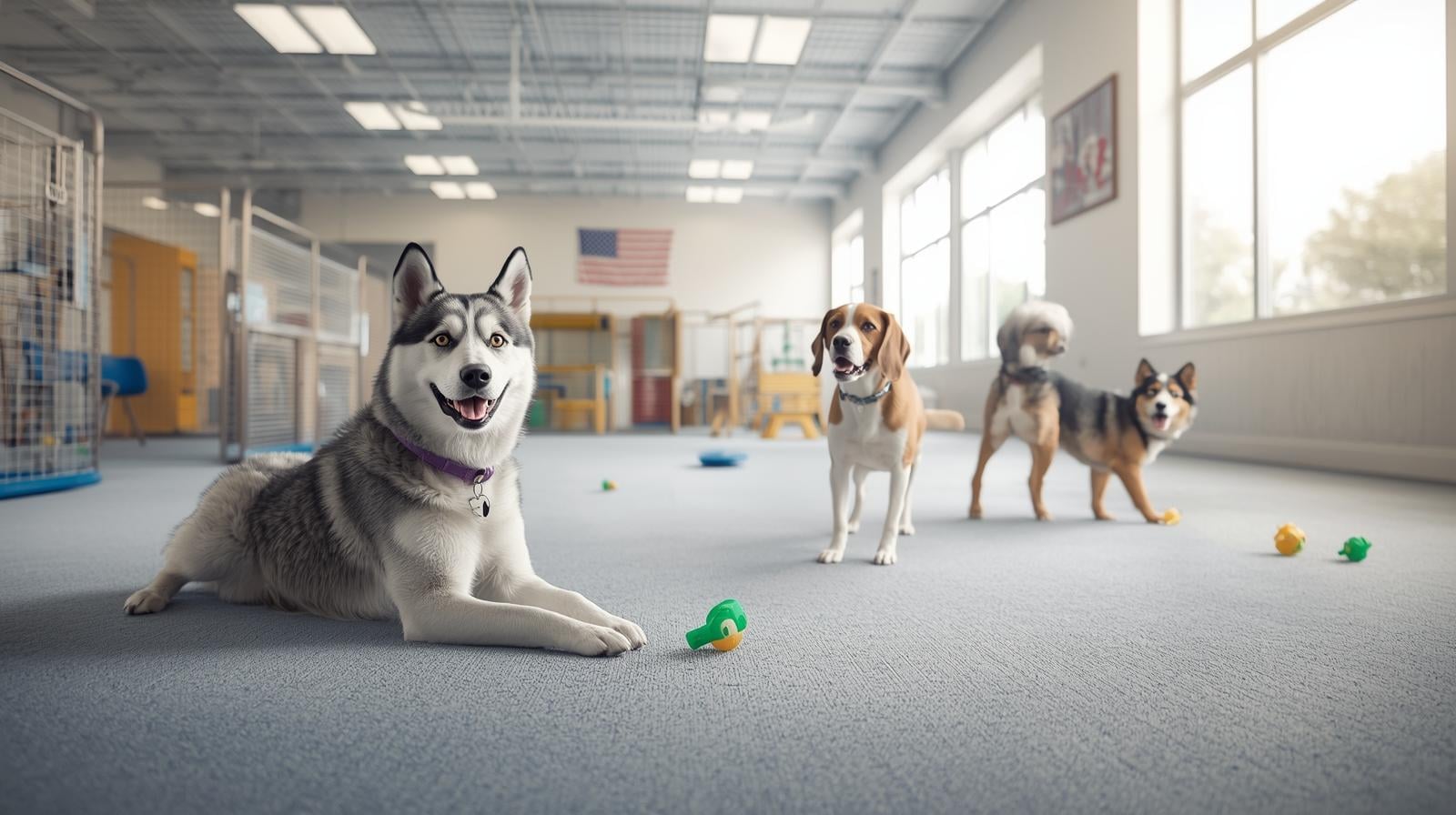 three dogs playing together in spacious indoor daycare facility with toys