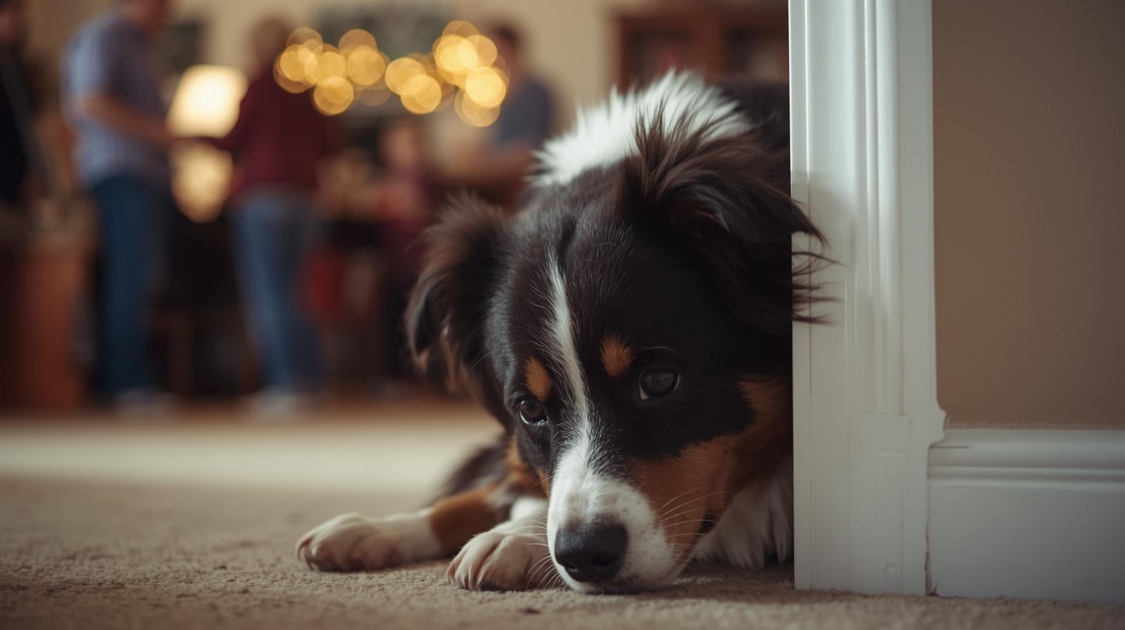 border collie looking stressed during loud holiday party with multiple visitors