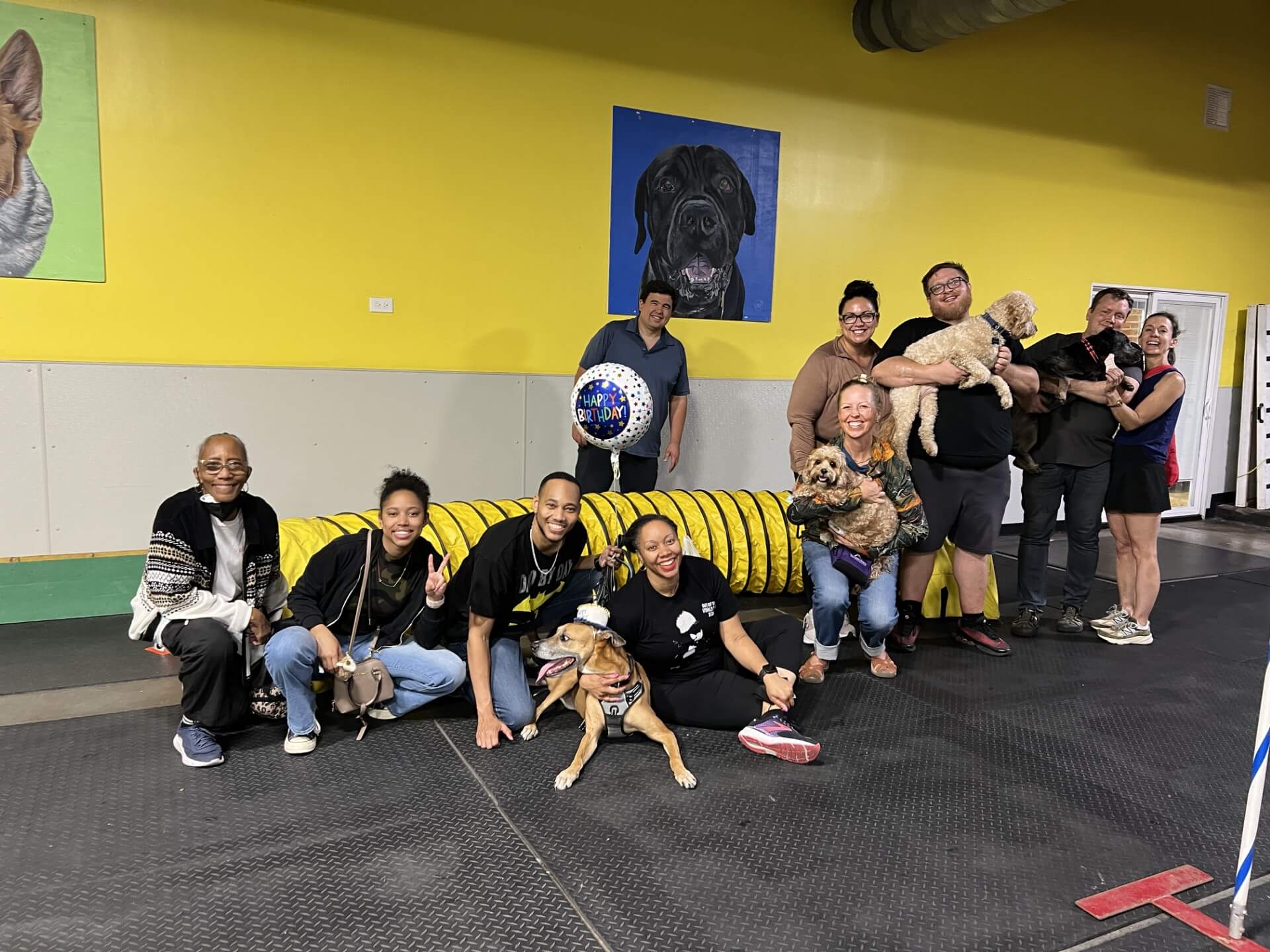 Dog birthday party at K9 University Chicago with owners and dogs posing with Happy Birthday balloon