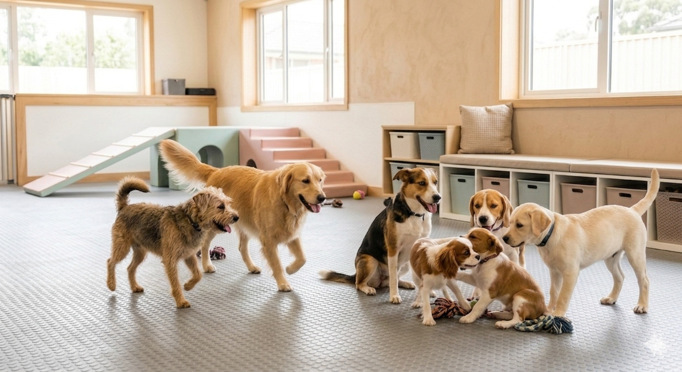 Dogs playing together at a Chicago daycare facility with staff supervision
