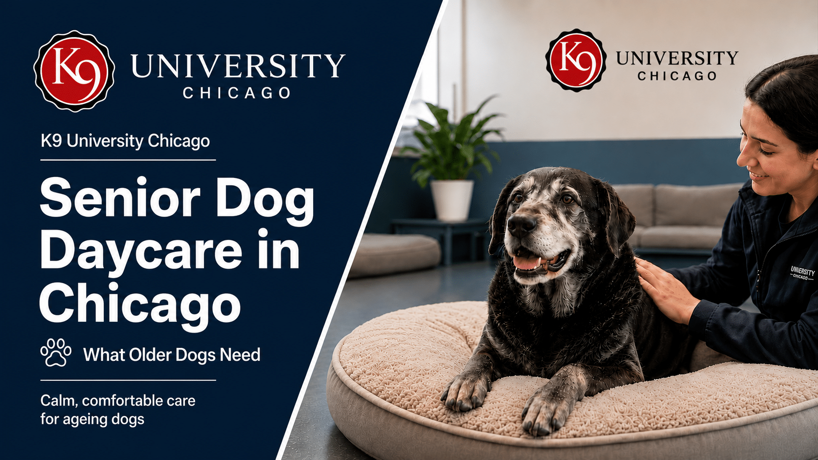 A senior gray-muzzled Labrador rests calmly on a bed as a K9 University Chicago staffer pets him during senior dog daycare.
